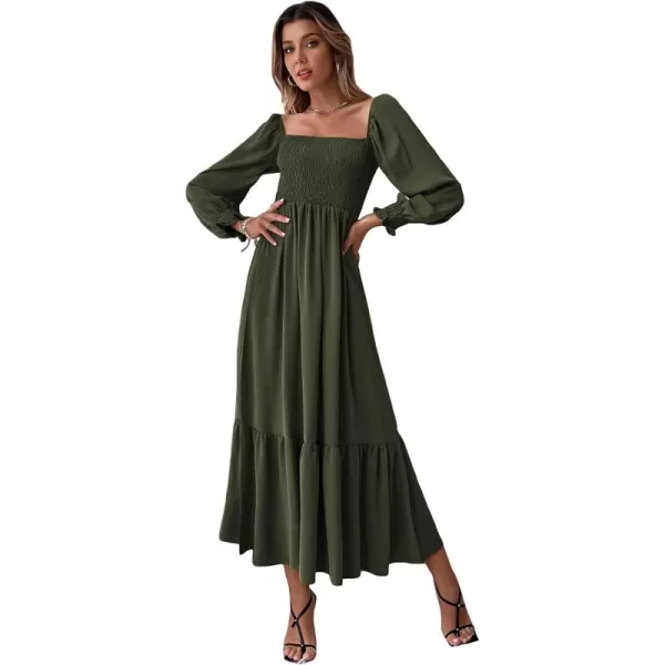 WDIRARA Women's Square Neck Flounce Shirred Ruffle Hem Elegant Long Sleeve Maxi Dress