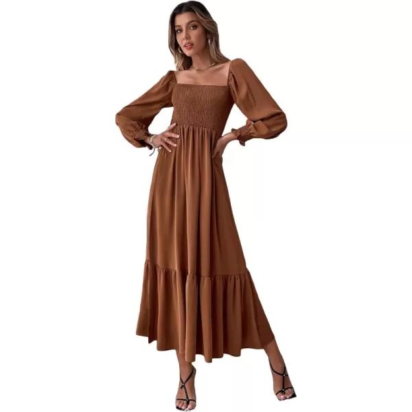 WDIRARA Women's Square Neck Flounce Shirred Ruffle Hem Elegant Long Sleeve Maxi Dress