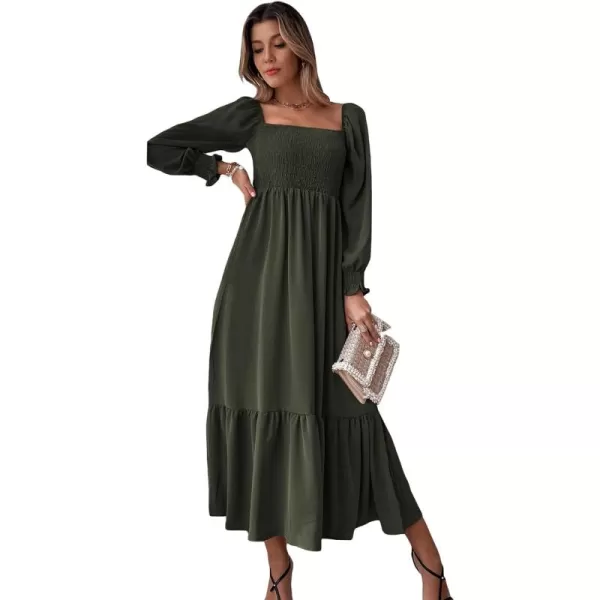 WDIRARA Women's Square Neck Flounce Shirred Ruffle Hem Elegant Long Sleeve Maxi Dress