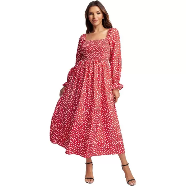 WDIRARA Women's Square Neck Flounce Shirred Ruffle Hem Elegant Long Sleeve Maxi Dress