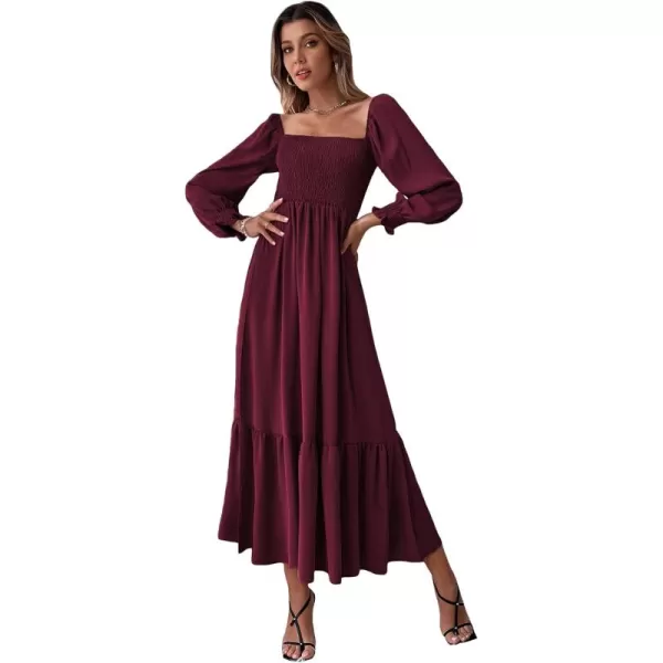WDIRARA Women's Square Neck Flounce Shirred Ruffle Hem Elegant Long Sleeve Maxi Dress