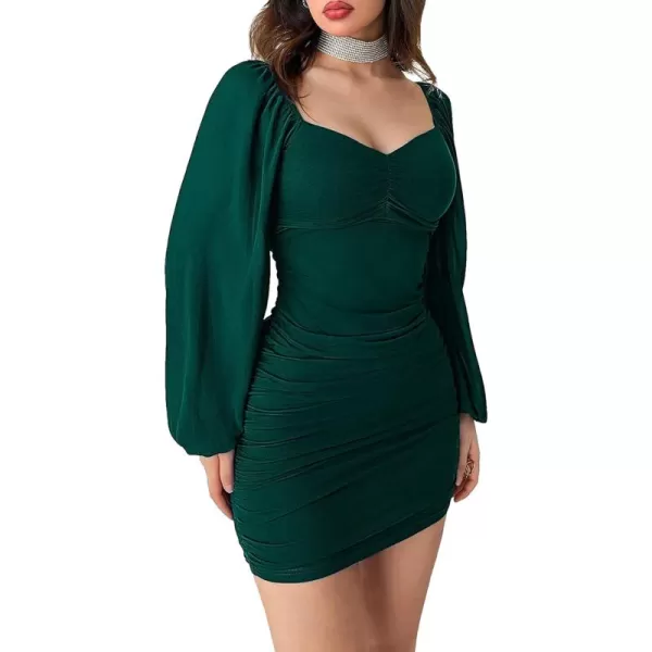 WDIRARA Women's Square Neck Mesh Overlay Puff Long Gigot Sleeve Frill Trim Bodycon Dress