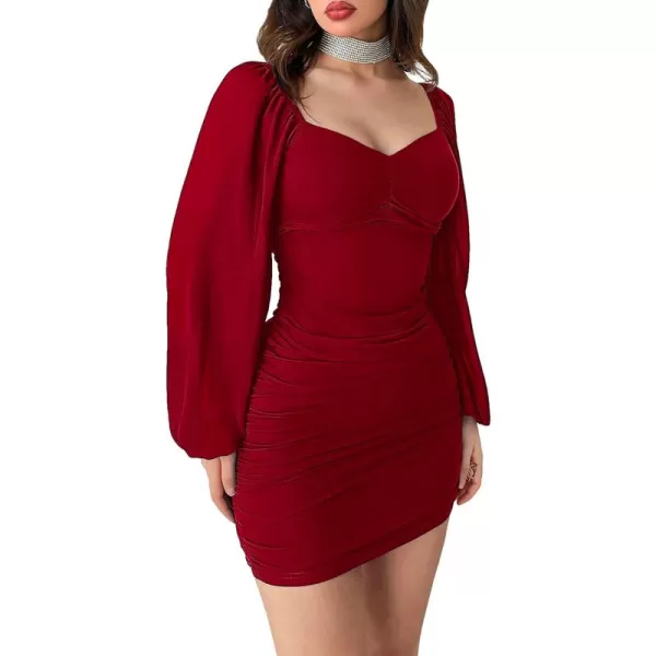 WDIRARA Women's Square Neck Mesh Overlay Puff Long Gigot Sleeve Frill Trim Bodycon Dress