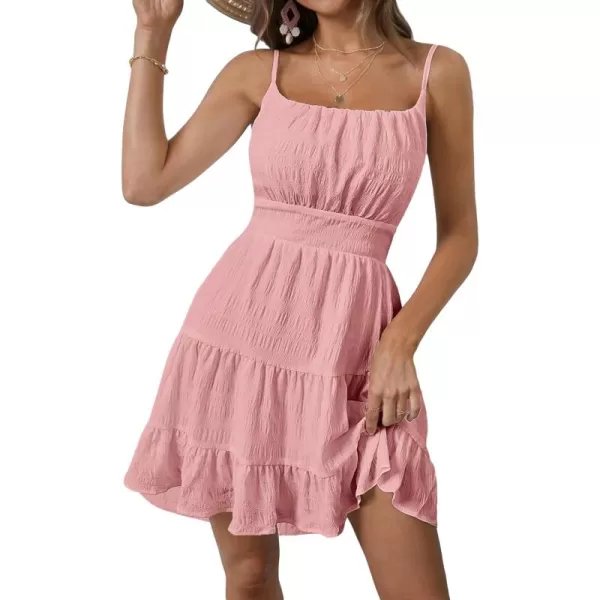 WDIRARA Women's Summer Textured Ruched Shirred Ruffle Hem A Line Dress High Waist Short Cami Dress
