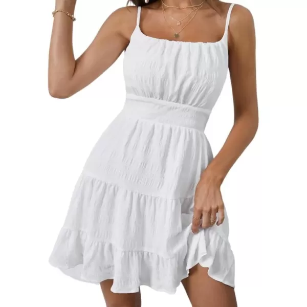 WDIRARA Women's Summer Textured Ruched Shirred Ruffle Hem A Line Dress High Waist Short Cami Dress