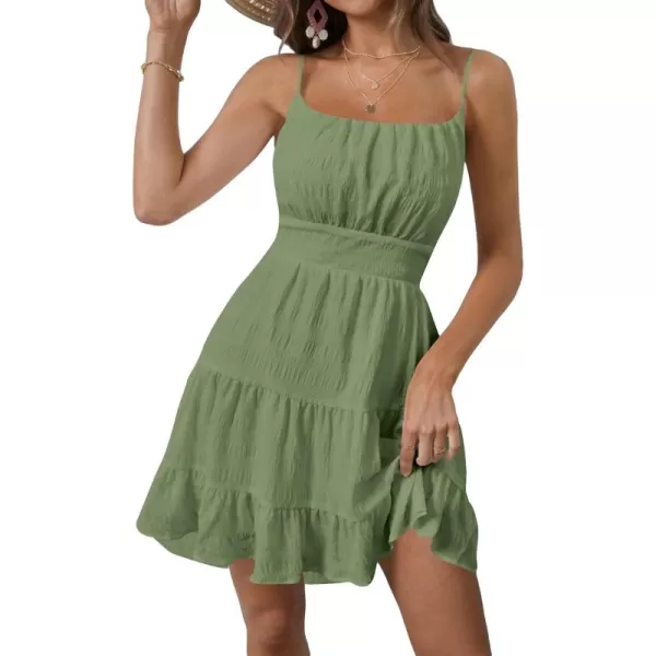 WDIRARA Women's Summer Textured Ruched Shirred Ruffle Hem A Line Dress High Waist Short Cami Dress