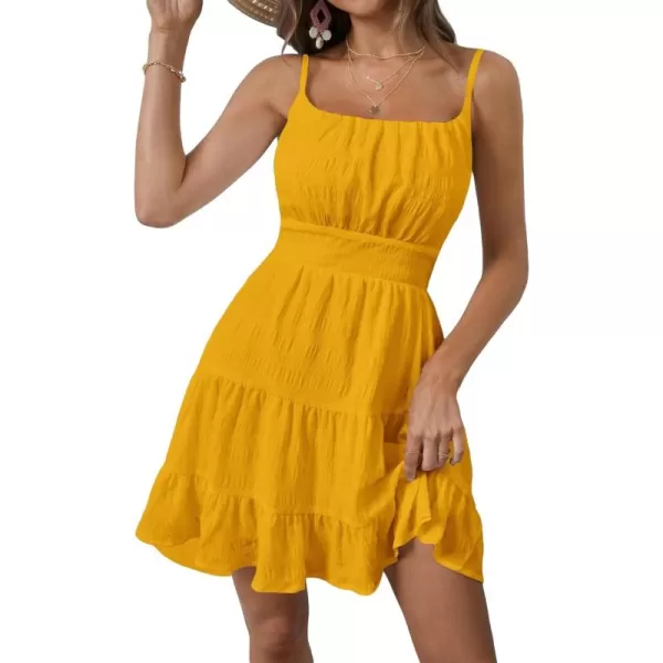 WDIRARA Women's Summer Textured Ruched Shirred Ruffle Hem A Line Dress High Waist Short Cami Dress
