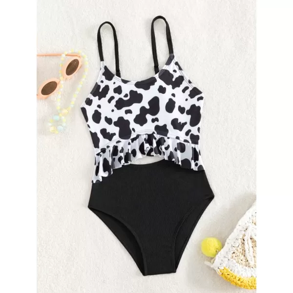 WDIRARA Girl's Cut Out One Piece Swimsuit Cow Print Ruffle Trim High Waisted Swimwear