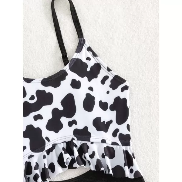 WDIRARA Girl's Cut Out One Piece Swimsuit Cow Print Ruffle Trim High Waisted Swimwear