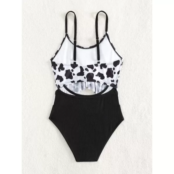 WDIRARA Girl's Cut Out One Piece Swimsuit Cow Print Ruffle Trim High Waisted Swimwear