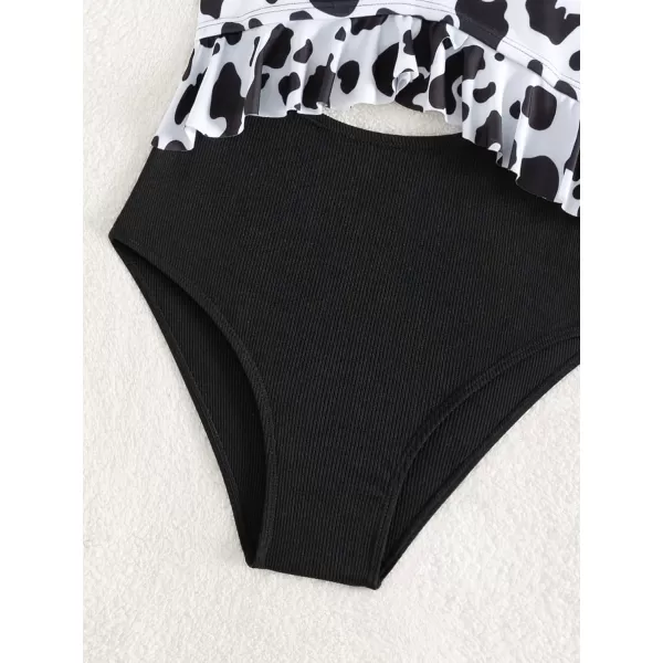 WDIRARA Girl's Cut Out One Piece Swimsuit Cow Print Ruffle Trim High Waisted Swimwear