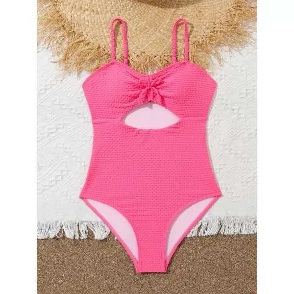 WDIRARA Girl's Cut Out Ruched Bow Decor One Piece Swimsuit Textured Solid Wireless Swimwear Bathing Suit