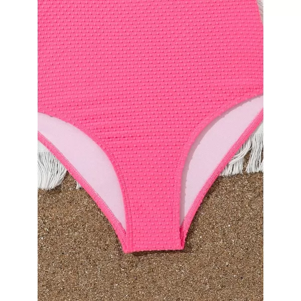 WDIRARA Girl's Cut Out Ruched Bow Decor One Piece Swimsuit Textured Solid Wireless Swimwear Bathing Suit