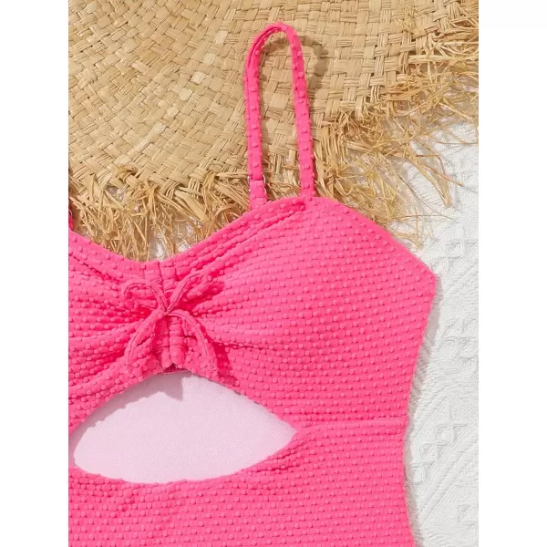 WDIRARA Girl's Cut Out Ruched Bow Decor One Piece Swimsuit Textured Solid Wireless Swimwear Bathing Suit