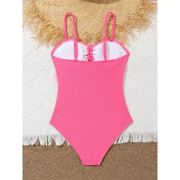 WDIRARA Girl's Cut Out Ruched Bow Decor One Piece Swimsuit Textured Solid Wireless Swimwear Bathing Suit