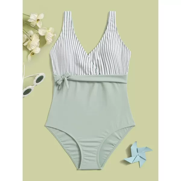 WDIRARA Girl's Swimwear Striped Knot Side Sleeveless One Piece Swimsuit Bathing Suits