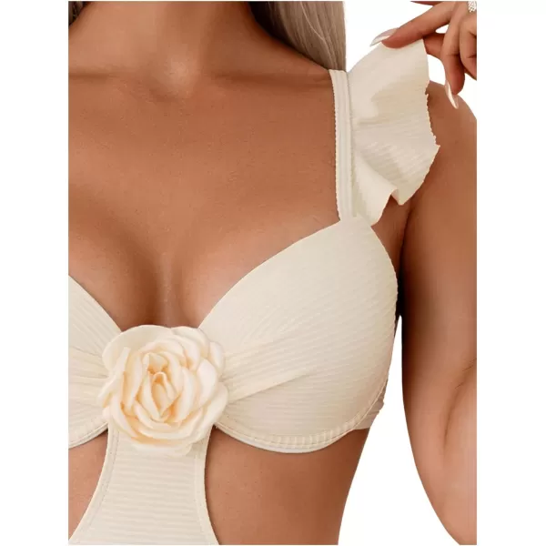 WDIRARA Women's 3D Floral Decor Cut Out Textured One-Piece Bikini Swimwear Backless Sleeveless Cheeky Swimsuit