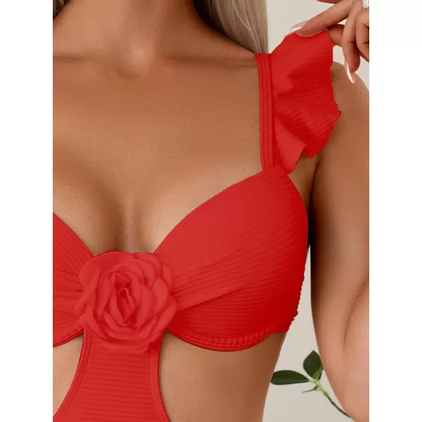 WDIRARA Women's 3D Floral Decor Cut Out Textured One-Piece Bikini Swimwear Backless Sleeveless Cheeky Swimsuit