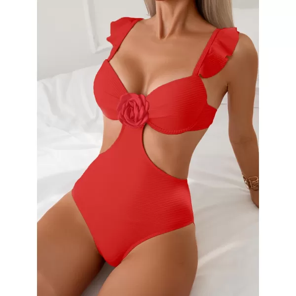 WDIRARA Women's 3D Floral Decor Cut Out Textured One-Piece Bikini Swimwear Backless Sleeveless Cheeky Swimsuit
