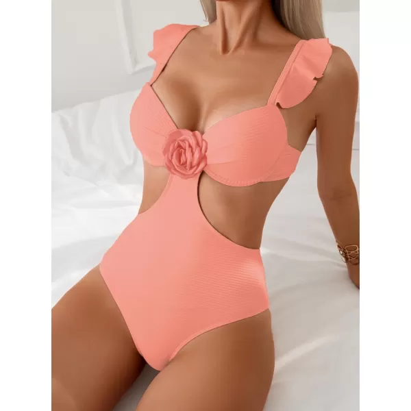 WDIRARA Women's 3D Floral Decor Cut Out Textured One-Piece Bikini Swimwear Backless Sleeveless Cheeky Swimsuit