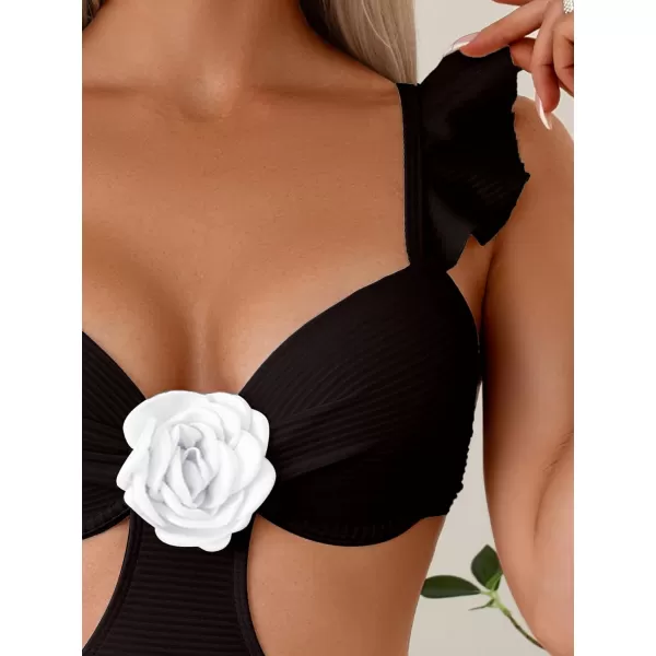 WDIRARA Women's 3D Floral Decor Cut Out Textured One-Piece Bikini Swimwear Backless Sleeveless Cheeky Swimsuit