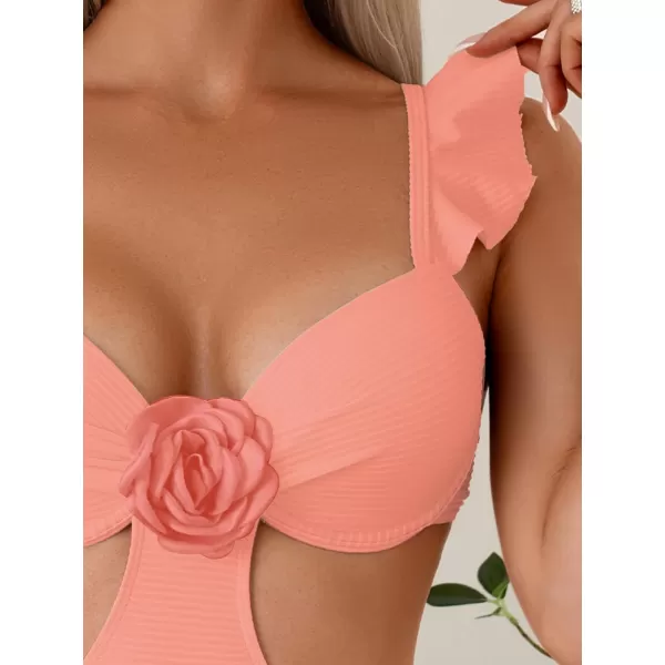 WDIRARA Women's 3D Floral Decor Cut Out Textured One-Piece Bikini Swimwear Backless Sleeveless Cheeky Swimsuit