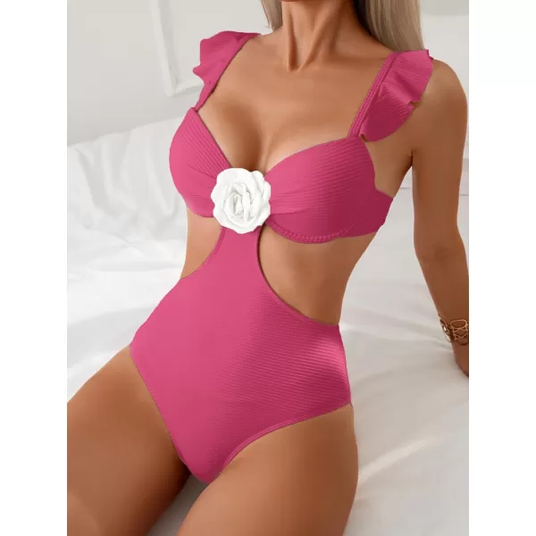 WDIRARA Women's 3D Floral Decor Cut Out Textured One-Piece Bikini Swimwear Backless Sleeveless Cheeky Swimsuit