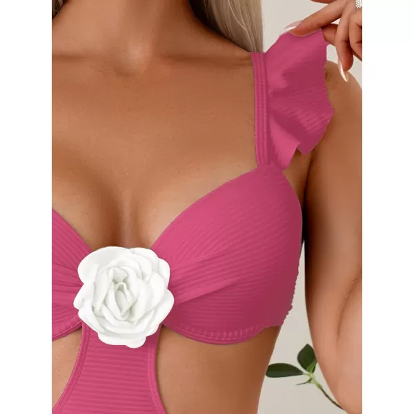 WDIRARA Women's 3D Floral Decor Cut Out Textured One-Piece Bikini Swimwear Backless Sleeveless Cheeky Swimsuit