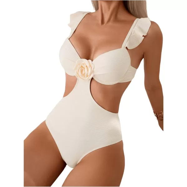 WDIRARA Women's 3D Floral Decor Cut Out Textured One-Piece Bikini Swimwear Backless Sleeveless Cheeky Swimsuit