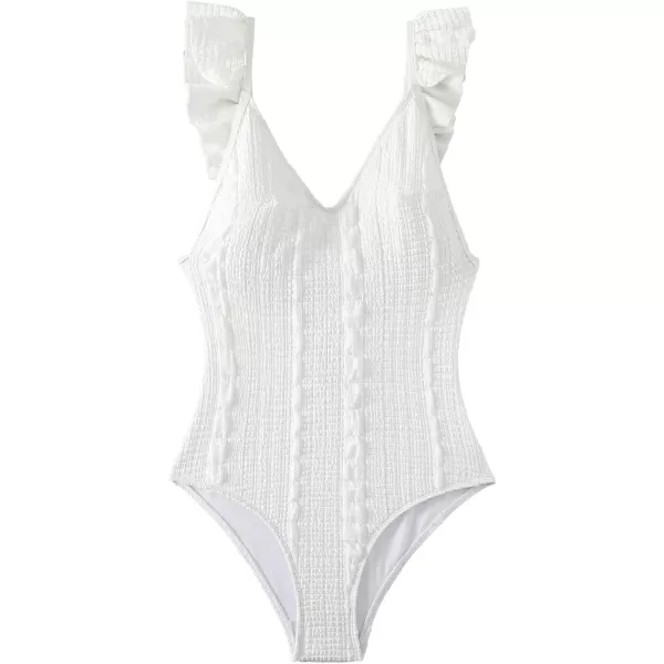 WDIRARA Women's Backless Frill Trim One Piece Swimsuit Sleeveless V Neck Solid Bathing Suit