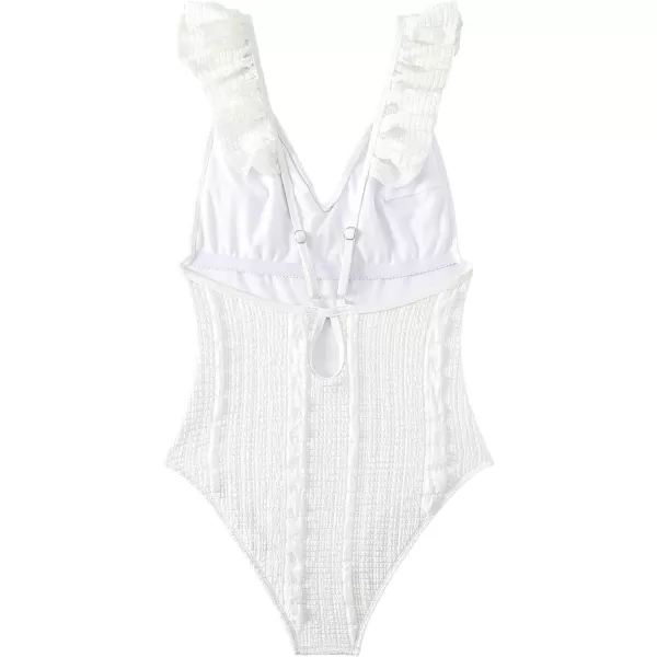 WDIRARA Women's Backless Frill Trim One Piece Swimsuit Sleeveless V Neck Solid Bathing Suit