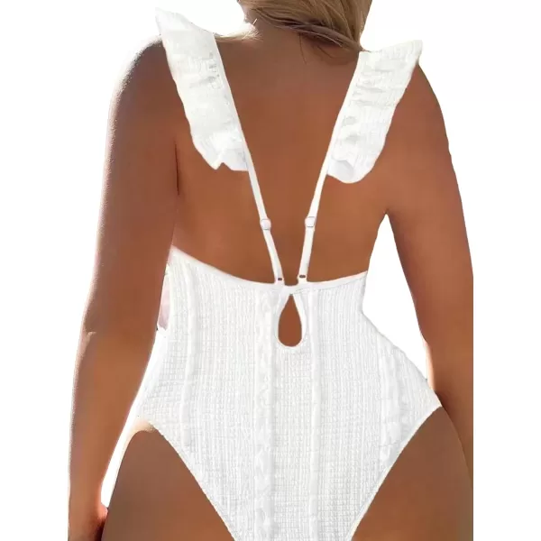 WDIRARA Women's Backless Frill Trim One Piece Swimsuit Sleeveless V Neck Solid Bathing Suit