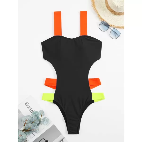 WDIRARA Women's Color Block Cut Out One Piece Swimsuit Monokini Swimwear