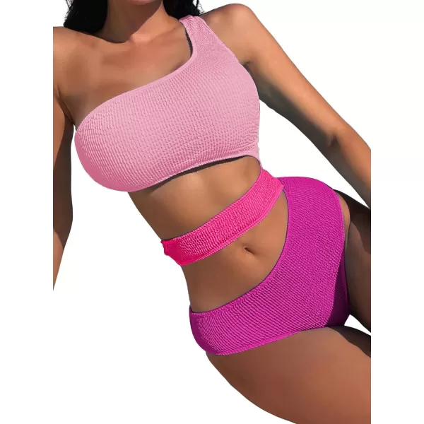 WDIRARA Women's Color Block One Piece Cut Out Swimsuit One Shoulder Bathing Suit
