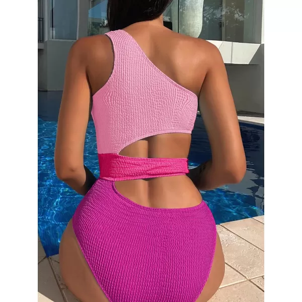 WDIRARA Women's Color Block One Piece Cut Out Swimsuit One Shoulder Bathing Suit