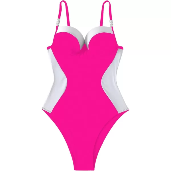 WDIRARA Women's Color Block Pearls Push Up One Piece Swimsuit Monokini Bathing Suit