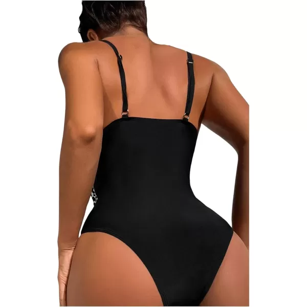 WDIRARA Women's Color Block Pearls Push Up One Piece Swimsuit Monokini Bathing Suit