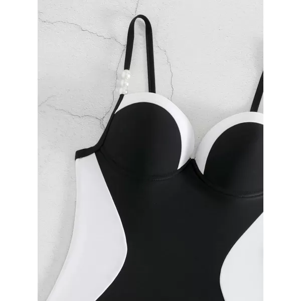 WDIRARA Women's Color Block Pearls Push Up One Piece Swimsuit Monokini Bathing Suit