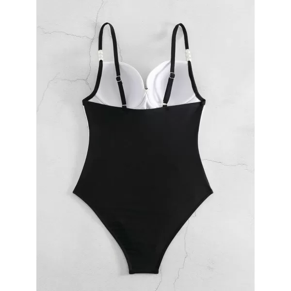 WDIRARA Women's Color Block Pearls Push Up One Piece Swimsuit Monokini Bathing Suit