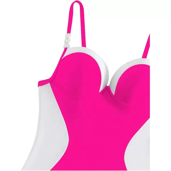 WDIRARA Women's Color Block Pearls Push Up One Piece Swimsuit Monokini Bathing Suit