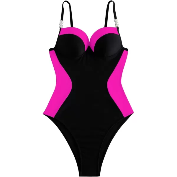 WDIRARA Women's Color Block Pearls Push Up One Piece Swimsuit Monokini Bathing Suit
