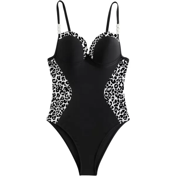 WDIRARA Women's Color Block Pearls Push Up One Piece Swimsuit Monokini Bathing Suit