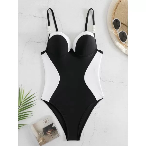 WDIRARA Women's Color Block Pearls Push Up One Piece Swimsuit Monokini Bathing Suit