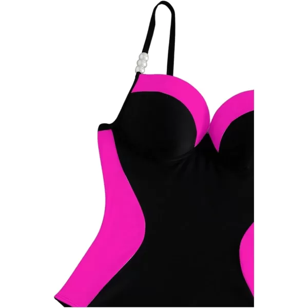 WDIRARA Women's Color Block Pearls Push Up One Piece Swimsuit Monokini Bathing Suit