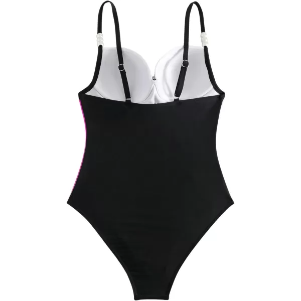 WDIRARA Women's Color Block Pearls Push Up One Piece Swimsuit Monokini Bathing Suit