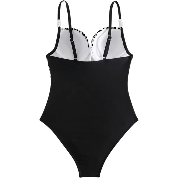 WDIRARA Women's Color Block Pearls Push Up One Piece Swimsuit Monokini Bathing Suit
