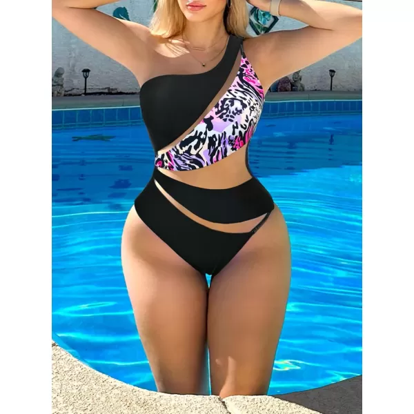 WDIRARA Women's Colorblock Cut Out One Piece Swimsuit Mesh One Shoulder Bathing Suit