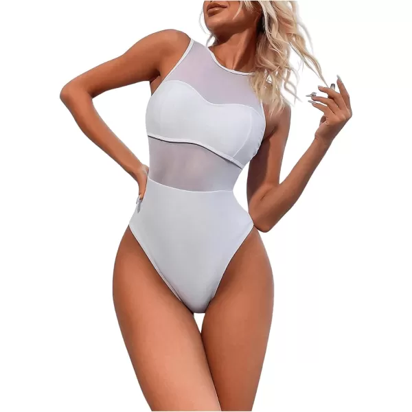 WDIRARA Women's Contrast Mesh See Through One Piece Swimsuit Solid Cut Out Scoop Neck Swimwear Bathing Suit