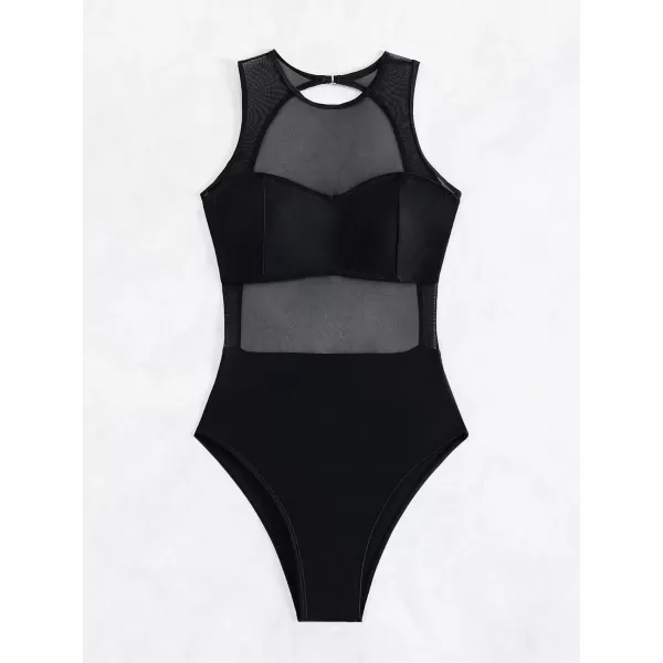 WDIRARA Women's Contrast Mesh See Through One Piece Swimsuit Solid Cut Out Scoop Neck Swimwear Bathing Suit