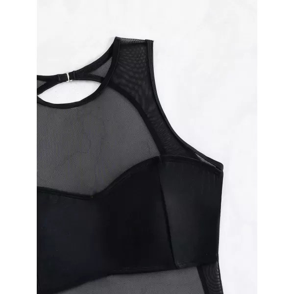 WDIRARA Women's Contrast Mesh See Through One Piece Swimsuit Solid Cut Out Scoop Neck Swimwear Bathing Suit